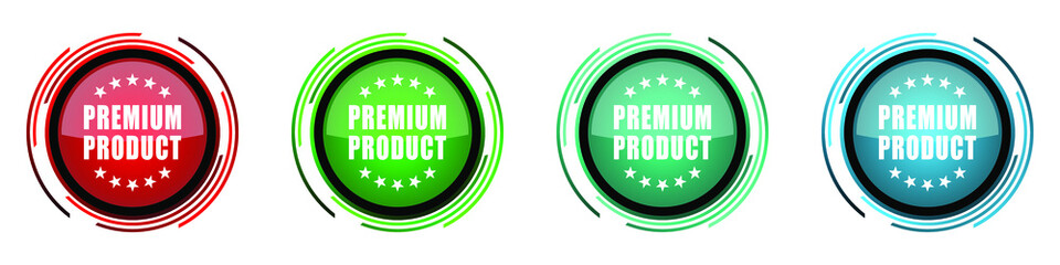 Premium product round glossy vector icons, set of buttons for webdesign, internet and mobile phone applications in four colors options isolated on white background