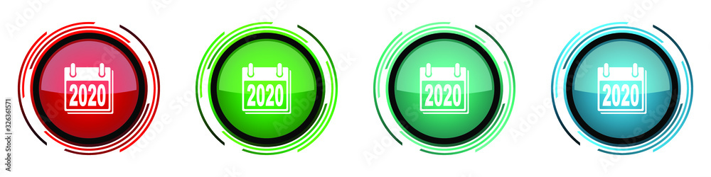 Poster New year 2020 round glossy vector icons, set of buttons for webdesign, internet and mobile phone applications in four colors options isolated on white background