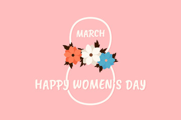 Pink banner for International Womens Day. Text Happy women's day with flowers