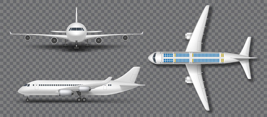 Realistic white airplane, airliner isolated. Airplane in profile, from the front and top view. Travel Passenger plane mockup set. Vector illustration