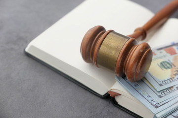 Close up of gavel, cash on a book 