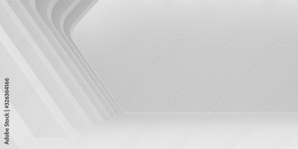 Aufkleber Abstract of architecture space with rhythm of white structure with sun light cast shadow on the wall. 3D rendering.