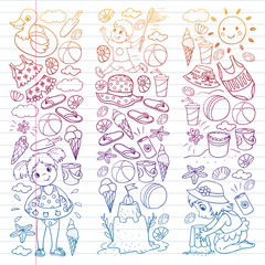 Vector pattern with little chilren. Family summer vacations. Beach, ocean, island, sun. Kids play. Swimming and relaxation.