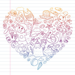 Vector pattern with little chilren. Family summer vacations. Beach, ocean, island, sun. Kids play. Swimming and relaxation.