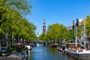 Buildings and boats along the canal in Amsterdam, Netherlands