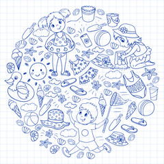 Vector pattern with little chilren. Family summer vacations. Beach, ocean, island, sun. Kids play. Swimming and relaxation.