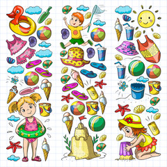 Vector pattern with little chilren. Family summer vacations. Beach, ocean, island, sun. Kids play. Swimming and relaxation.