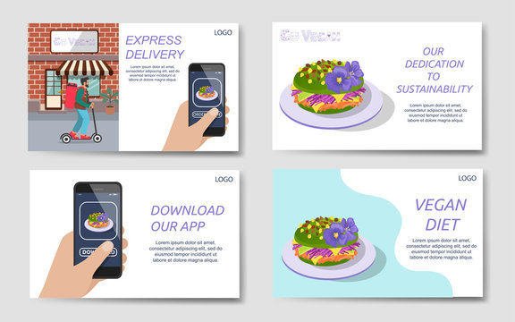 Set of web landing pages for go vegan and sustainability concepts, restaurant or food delivery company,  app download 