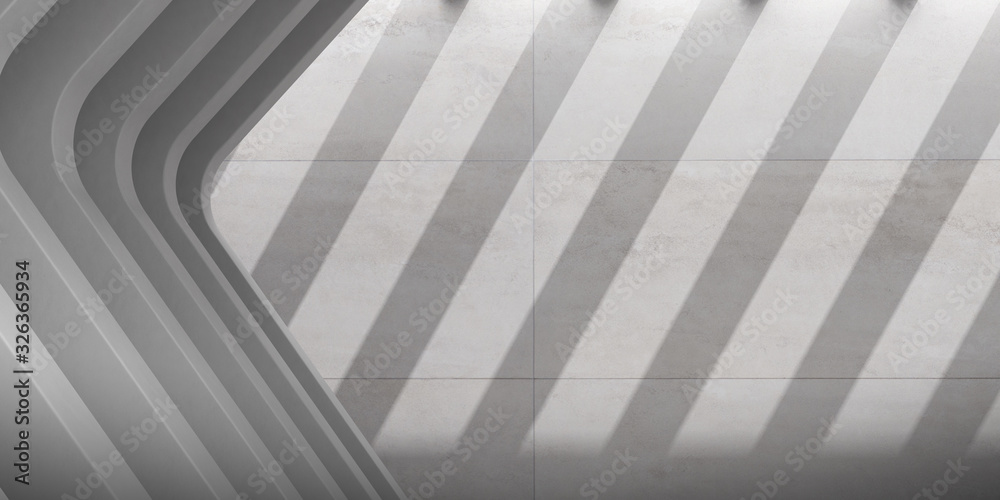Poster Abstract of architecture space with rhythm of concrete structure with sun light cast shadow on the wall. Cement texture. 3D rendering.