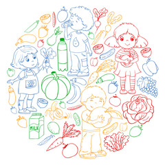 Vector pattern with children eating healthy food. Fruits and vegetables. Kids like milk, dairy products. Pattern for store, mall, menu, cafe, restaurants.