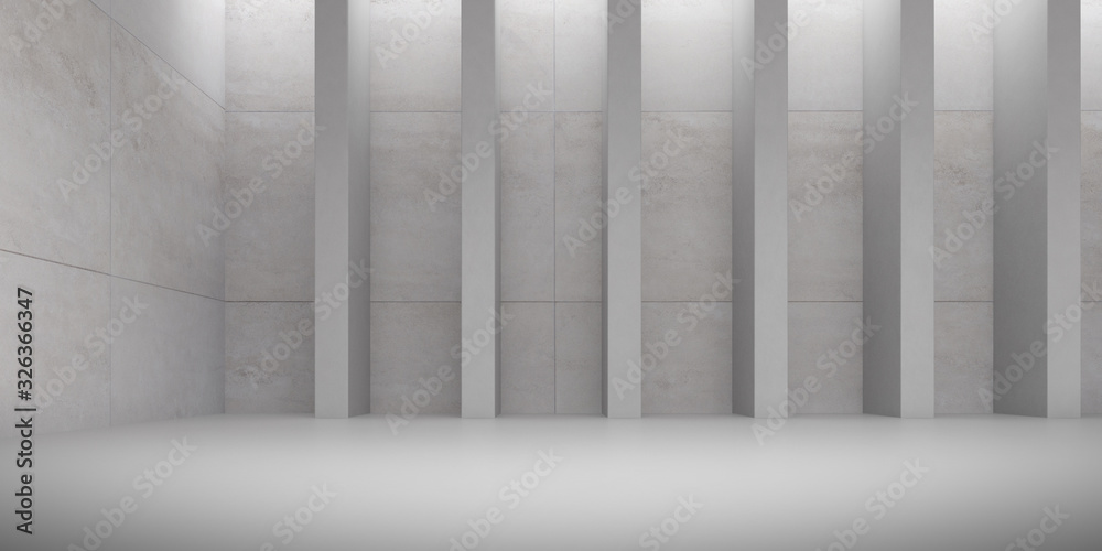 Aufkleber Abstract of architecture space with rhythm of concrete structure with sun light cast shadow on the wall. Cement texture. 3D rendering.