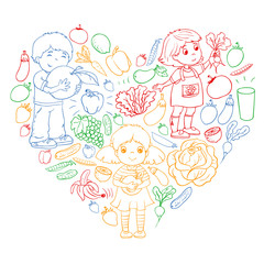 Vector pattern with children eating healthy food. Fruits and vegetables. Kids like milk, dairy products. Pattern for store, mall, menu, cafe, restaurants.