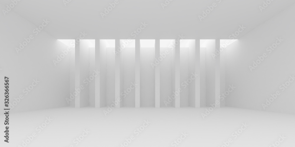 Poster Abstract of architecture space with rhythm of white structure with sun light cast shadow on the wall. 3D rendering.