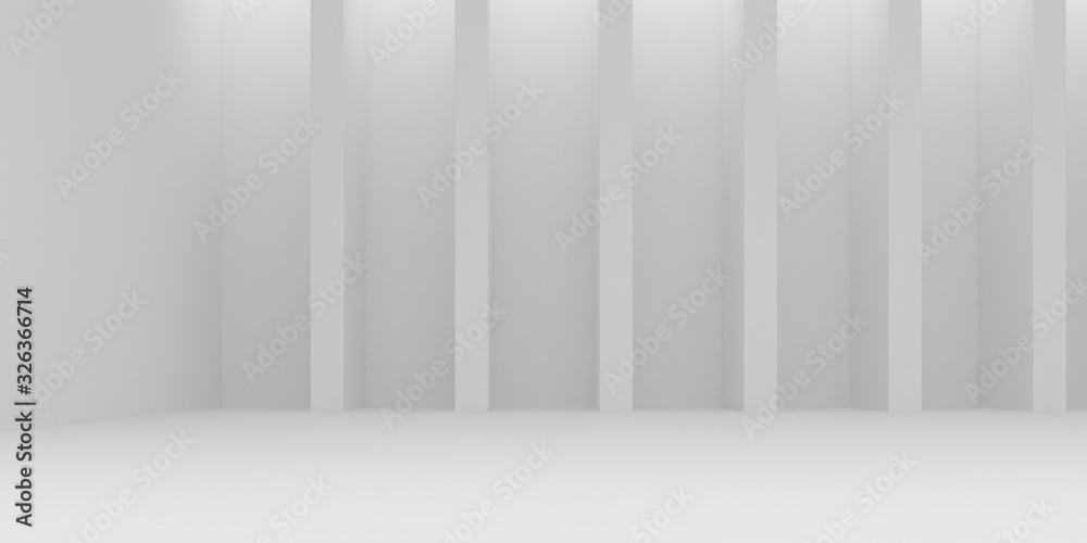 Aufkleber Abstract of architecture space with rhythm of white structure with sun light cast shadow on the wall. 3D rendering.