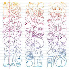 Vector pattern with children eating healthy food. Fruits and vegetables. Kids like milk, dairy products. Pattern for store, mall, menu, cafe, restaurants.