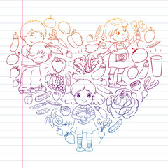 Vector pattern with children eating healthy food. Fruits and vegetables. Kids like milk, dairy products. Pattern for store, mall, menu, cafe, restaurants.