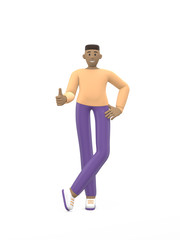 Fototapeta premium Young cheerful african guy posing in free pose hand thumb up. Positive character in casual colored clothes isolated on a white background. Funny, abstract cartoon man. 3D rendering.