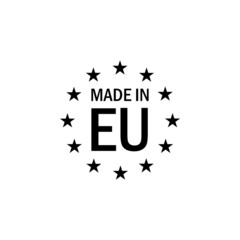 Made in EU black icon. Production symbol. Product created in European Union sign. Flat vector on white background. 