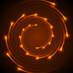 Fiery orange neon spiral lines abstract futuristic background. Vector glowing design