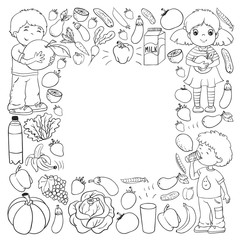 Vector pattern with children eating healthy food. Fruits and vegetables. Kids like milk, dairy products. Pattern for store, mall, menu, cafe, restaurants.