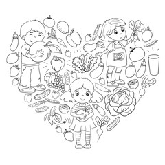 Vector pattern with children eating healthy food. Fruits and vegetables. Kids like milk, dairy products. Pattern for store, mall, menu, cafe, restaurants.