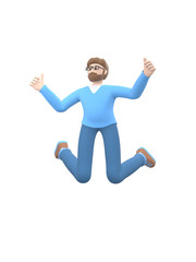 A young cheerful guy with a beard in glasses dances, jumps, levitates and flies. Positive character in casual colored clothes. Funny, abstract cartoon people. 3D rendering.