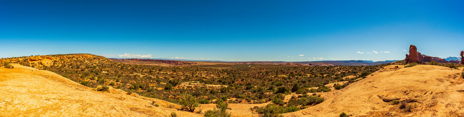 Desert Landscape Panorama with Balanced Rock, Arches National Park, Utah, USA