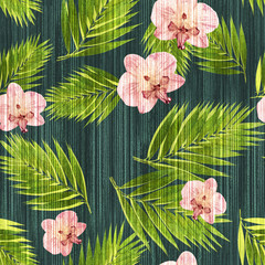 Green tropical palm leaves with orchids pattern on a watercolor background