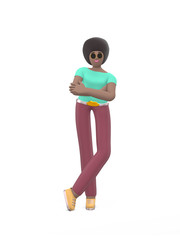 Young cheerful African girl posing in a free pose with hands clasped on her chest. Positive character in casual colored clothes. Funny, happy cartoon man. 3D rendering.