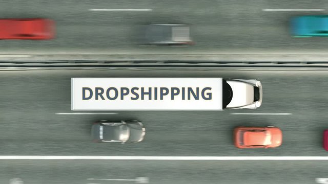 Aerial overhead view of trailer trucks with DROPSHIPPING text driving along the highway. Loopable 3D animation