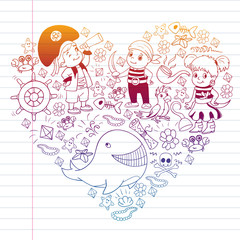 Vector set with pirate elements for birthday party for little children. Kids pattern with octopus, beach, treasure chest, ship