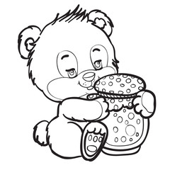 Fototapeta premium cute little bear sitting and hugging a big jar of jam or honey, outline drawing, isolated object on a white background,