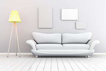 Monochromatic image of a Room with blank picture frames