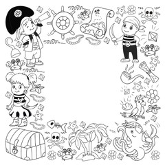 Vector set with pirate elements for birthday party for little children. Kids pattern with octopus, beach, treasure chest, ship