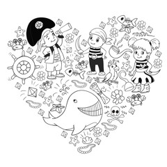 Vector set with pirate elements for birthday party for little children. Kids pattern with octopus, beach, treasure chest, ship