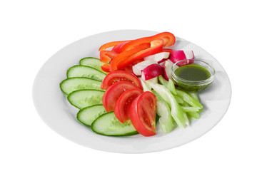 Snack, aperitif assorted fresh vegetables,tomatoes, cucumber slices, radish, pepper, onion, butter sauce, basil, before alcohol, food on plate white isolated background Side view