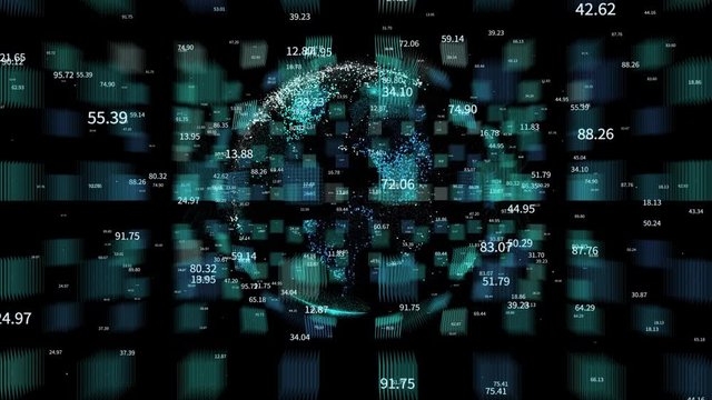 4k digital data globe-a scientific tech data network surrounding planet earth conveying connectivity-complexity and data flood of digital age.Business Data wall-Financial figures.network numbers.