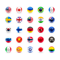 Flags of sovereign states projected as a glossy spheres on a white background