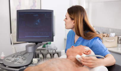 Skilled woman sonographer using ultrasonography machine checking patient in hospital diagnostic room