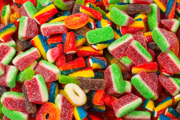 Assorted gummy candies. Top view. Jelly  sweets background.