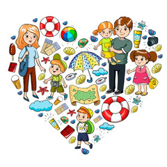 Vector pattern. Summer vacations. Little children. Happy family with kids. Travel and adventures. Beach, ocean, island, sun