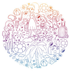 Vector pattern. Summer vacations. Little children. Happy family with kids. Travel and adventures. Beach, ocean, island, sun