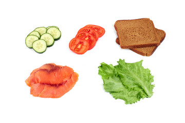 Ingredients for making sandwich. Salmon, fresh vegetables, cucumber, tomatoes, bread,. Isolated on white background,