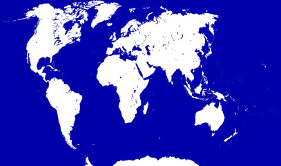 Vector image of the world map on a blue background. Has all the continents. Continents and Islands are white. Map for website template, infographic, news site, news program.  Flat image of the Earth.