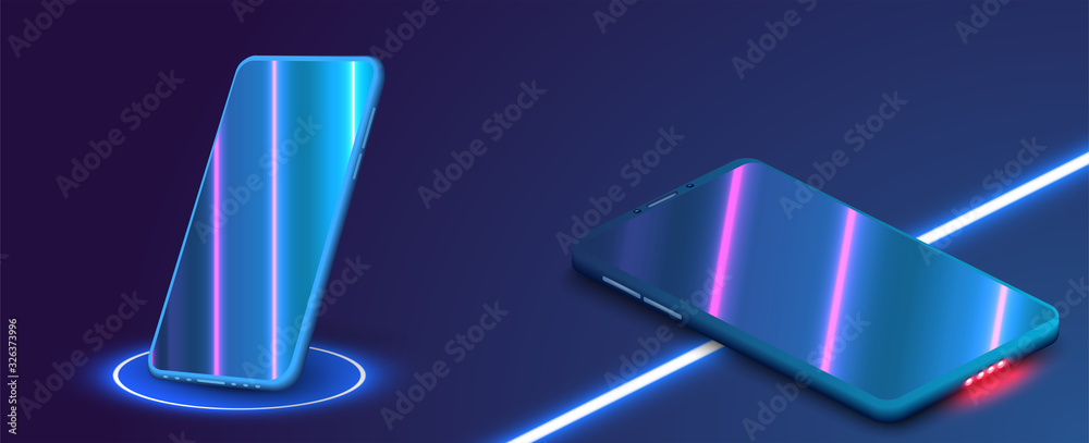 Leinwandbilder 3d realistic template of an imaginary phone with the neon reflection on the screen. perspective view