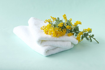 Obraz na płótnie Canvas 白いタオルとミモザの花