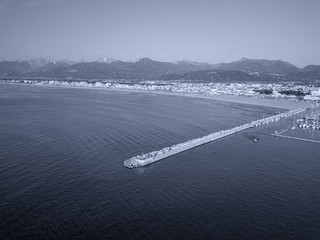 Aerial view from the drone of the port of Viareggio and its dam