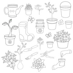 Gardening - spring gardening large vector set with plants, garden tools and equipment - for coloring. Outline. Garden linear elements for coloring book.