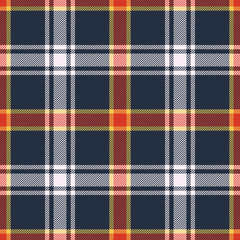 Tartan plaid pattern background. Seamless multicolored check plaid graphic in dark blue, yellow, red, and off white for colorful flannel shirt, blanket, throw, or other modern textile design.