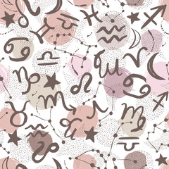 Seamless pattern. Signs of the zodiac, phases of the moon, sun and moon. Engraving style. Astrology.